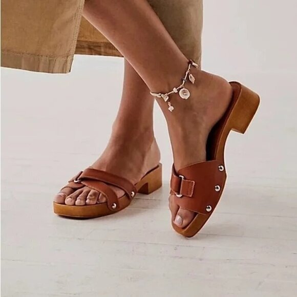 Free People x Intentionally Blank Cleo Wooden Clog Sandal Brown Size 37 US 7 NEW